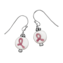 Glass pink awareness ribbon silver tone fashion french wire earrings. Nickel free.